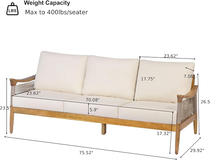 Merax Acacia Wood Patio 3-Seater Sofa with Rope & Cushions | Teak-Finish Acacia Frame, Woven Rope Design, 6-Inch Cushion And Deep Seating For Porch, Garden, Backyard Or Balcony