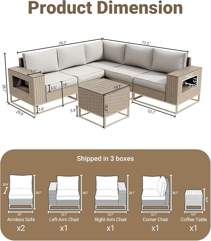 Outdoor Patio Furniture Set 6-Piece PE Rattan Wicker Outdoor Sectional Sofa with Thickened Cushions and Chunky Arms, Modern Modular L-Shaped Conversation Set for Garden, Backyard, Greige
