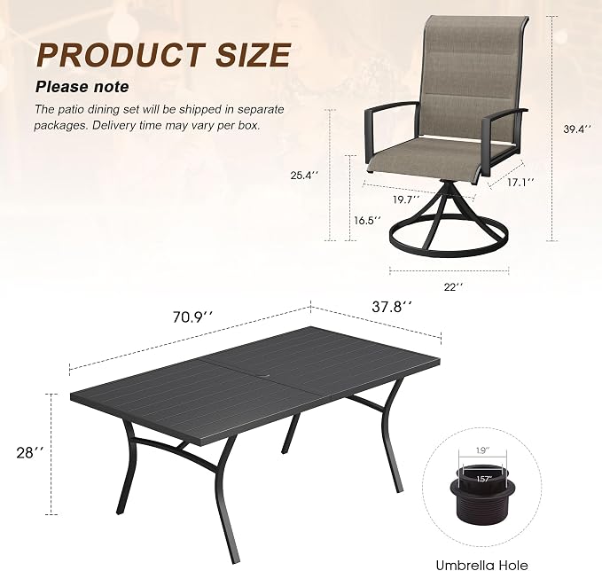 VICLLAX 9 Pieces Outdoor Dining Set, Patio Furniture Set Includes 70" Rectangular Metal Table W/ 1.9" Umbrella Hole and 8 Padded Textilene Swivel Chairs for Porch, Lawn, Garden, Backyard