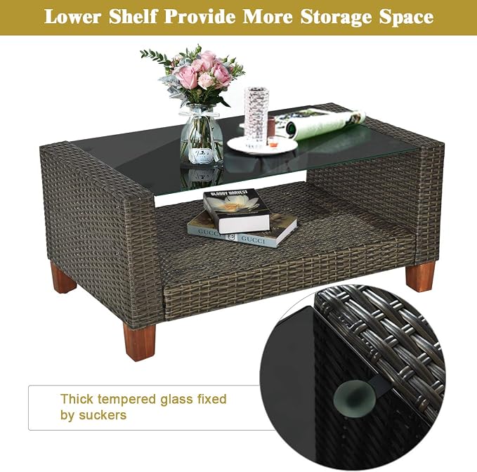 Tangkula 8 Pieces Patio Rattan Furniture Set, Outdoor Wicker Conversation Set with Seat & Back Cushion,and Tempered Glass Coffee Table with Shelf, for Porch, Poolside, Backyard, Garden
