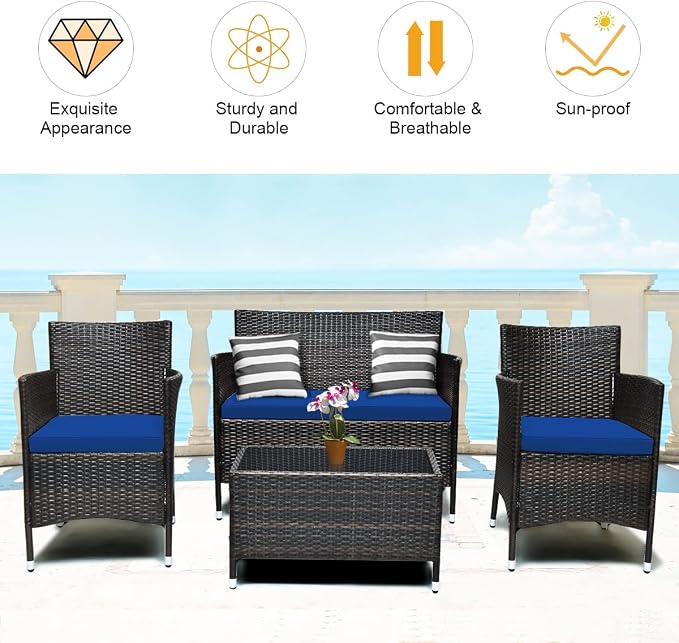 COSTWAY 8PCS Rattan Patio Furniture Set | Outdoor Wicker Rattan Chairs with Coffee Table, Rattan Cushioned Conversation Set for Backyard Balcony Porch Poolside, Navy