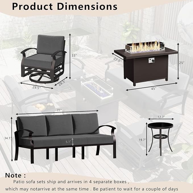 Patio Furniture Set 5-Piece Aluminum Armrest Sofa, Modern Outdoor Living Room Set with 55000 BTU Propane Aluminum Fireplace, Outdoor Rotary Joystick with Thick Cushion