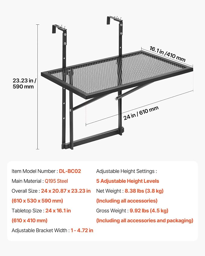 VEVOR Balcony Hanging Table, 24 x 16 inch Metal Folding Balcony Railing Table, 5-Level Adjustable, Fit Railing from 1" to 4.7", Serving for Outdoor Bar, Patio & Deck