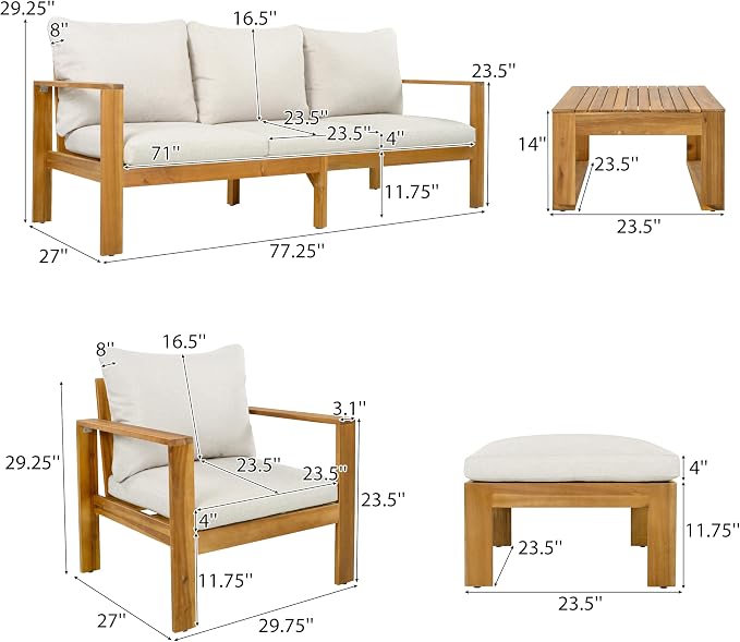 5-Piece Patio Furniture Set, Outdoor Conversation Set with Acacia Wood, Coffee Table and Ottoman, All-Weather Cushions for Backyard, Garden and Poolside(D-Beige)