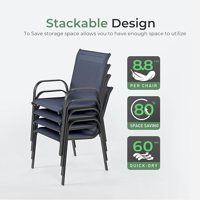 Outdoor Dining Set for 8, Patio Dining Set with Textilene Dining Chairs, Metal Dining Table with Umbrella Hole, Stackable Outdoor Chairs for Garden, Patio, Poolside and Backyard, Navy Blue