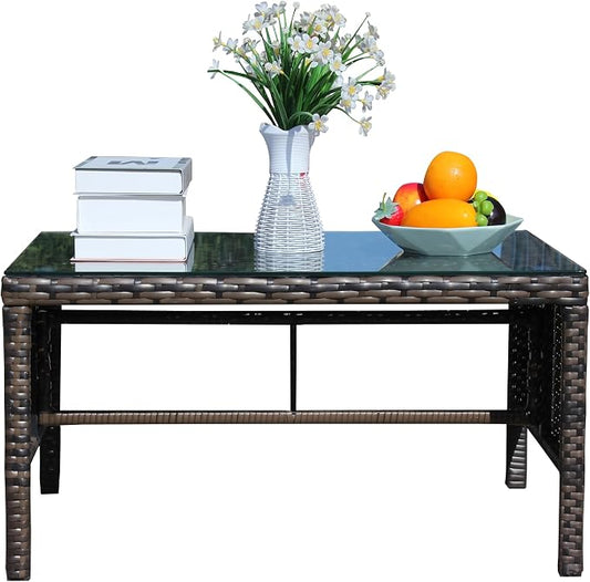 30.75" Outdoor Patio Side Table – Low Rectangle Coffee Table with Tempered Glass Top, Outdoor Wicker End Table for Backyard Deck Patio, 180 lbs Capacity, Brown