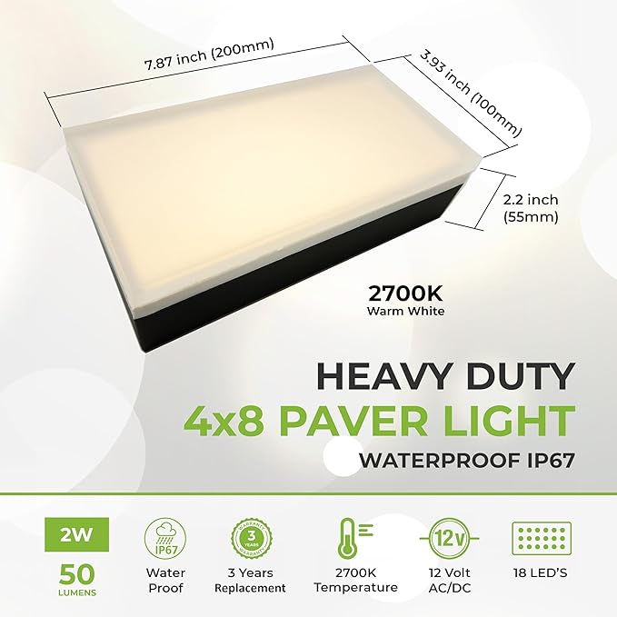 LUMENGY Paver Light 4x8 Inch (3.93x7.87), 2700K Warm White, Glare-Free Brick Lighting for Driveways, Walkways, Pool Decks and Patios, 12V Hardwired, IP67 Waterproof, Drive-Over Rated