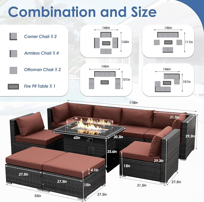 RADIATA 9 Piece Wicker Patio Furniture Set with Fire Pit, All-Weather Outdoor Sectional Couch High Back Large Size, Modular Backyard Seating Sofa Set with Propane/Natural Gas Firepit Table, Grey&Red