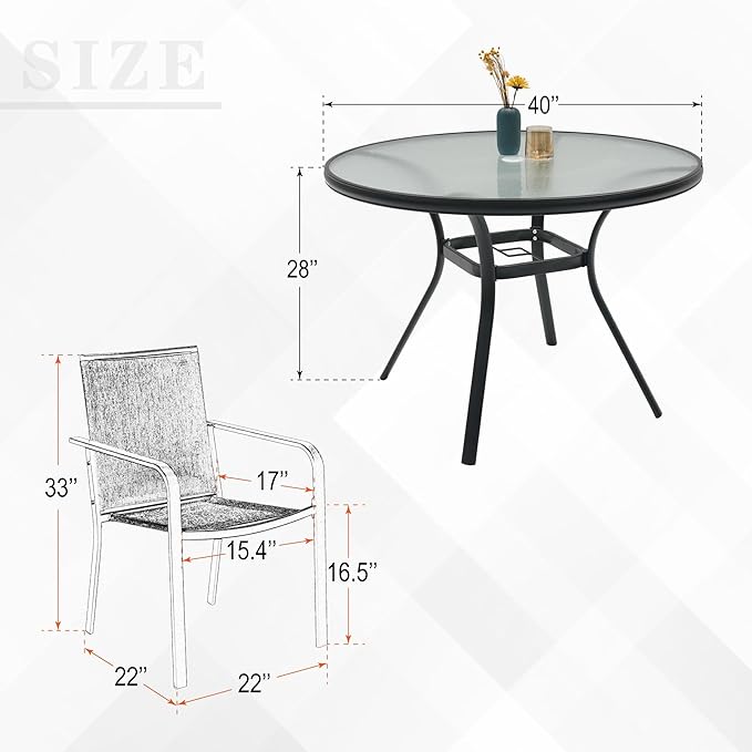 5 Piece Outdoor Patio 40" Round Glass Table and Grey Stackable Chairs Set | 4 Piece Stackable Chairs Textilene Seat and Back, Table and Chair with Metal Frame, Round Glass Table Top, 1.7" Umbrella Hole