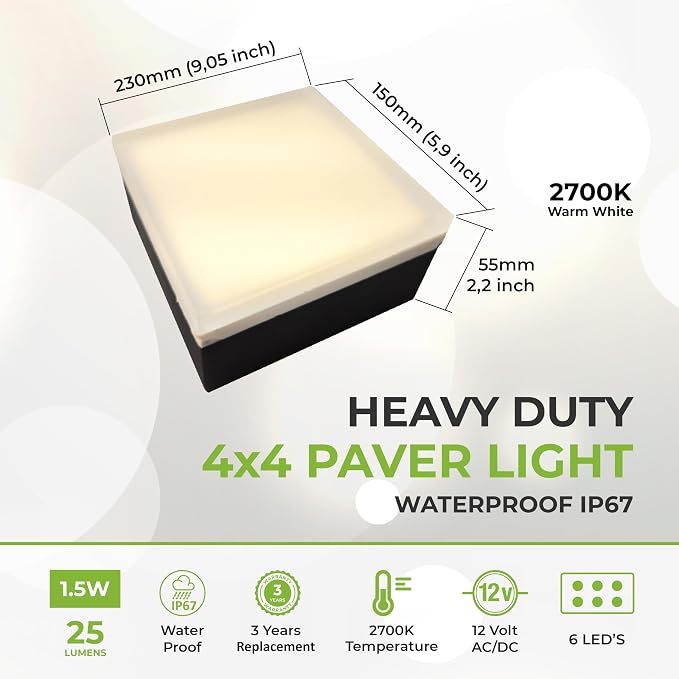 LUMENGY Paver Light 4x4 Inch (3.93x3.93), 2700K Warm White, Glare-Free Brick Lighting for Driveways, Walkways, Pool Decks and Patios, 12V Hardwired, IP67 Waterproof, Drive-Over Rated