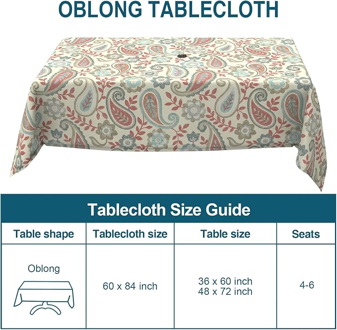 DYTXIII Outdoor Rectangle Tablecloth with Umbrella Hole and Zipper 84" x 60", Water Repellent Floral Picnic Cover, Fade & Wrinkle Resistant Tablecloth for Patio/Garden/Party Table, Paisley Vintage