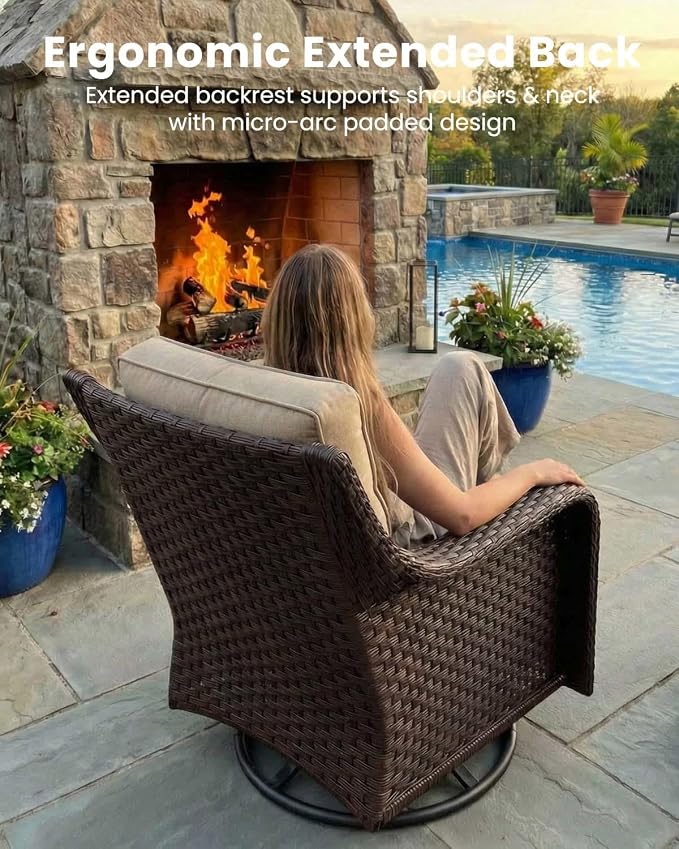 5 Pieces Outdoor Furniture Set with 6-inch Cushions, High Back Wicker Swivel Rocker Chairs with Fire Pit Table, Luxury Conversation Set for Deck Patio and Poolside