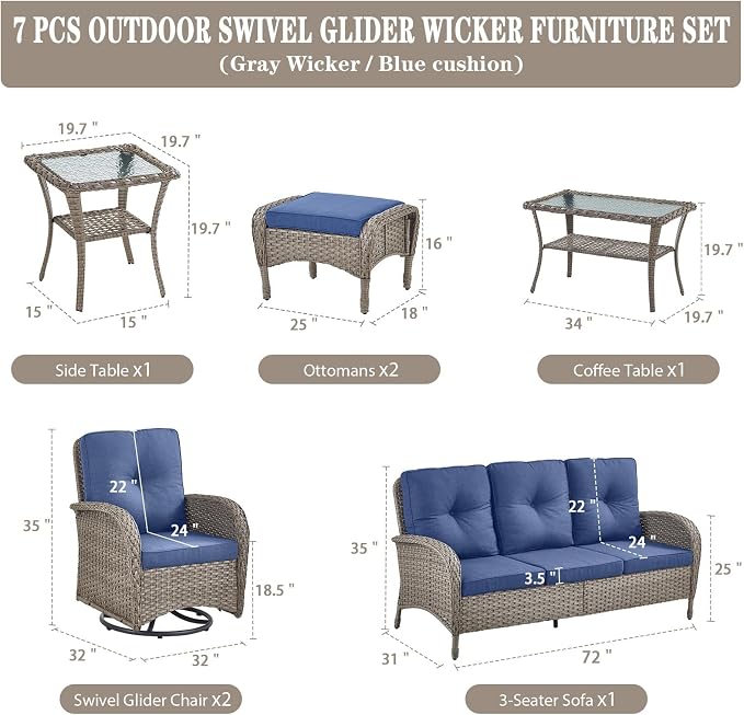 Belord Wicker Outdoor Furniture Set - 7 Piece Patio Conversation Sets with Comfort Swivel Rocker Glider Chairs Set of 2 & Rattan Sofa, Tempered Glass Coffee Table & Side Table Gray/Blue