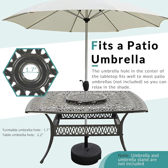 MEETWARM Outdoor 64" Square Patio Dining Table with Detachable Lazy Susan, All Weather Cast Aluminum Large Patio Furniture Table Set for 8 Seat with 24" Rotating Tray, Umbrella Hole, Dark Bronze
