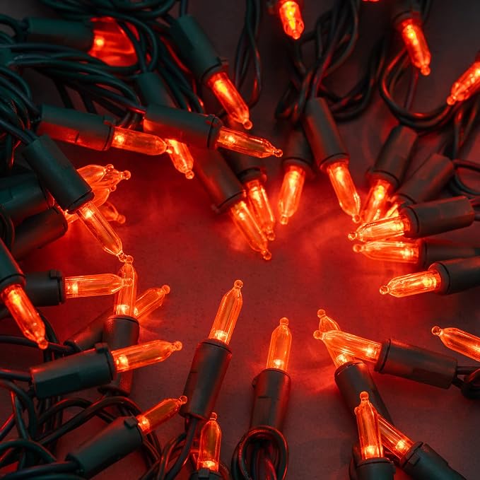 YULETIME 200 Orange LED Christmas Lights, 66 ft Green Wire UL String Light