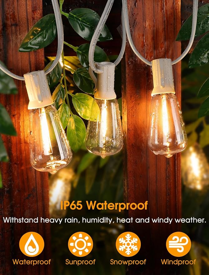 25FT Outdoor String Lights, Patio Lights with 10+1 2700K LED Dimmable Waterproof Outside Hanging ST38 Edison Bulbs for Backyard, White Cord