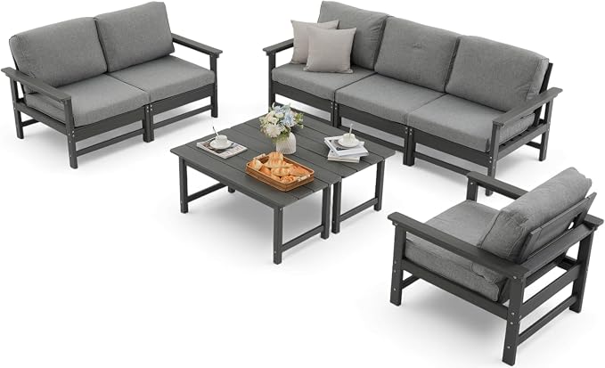 HDPE Outdoor Patio Furniture Set, 8-Piece Sofa Set with 3-Seat Couch,loveseat, Armchair & 2 Coffee Tables, Weatherproof Conversation Set with Cushions,for Garden, Porch & Backyard
