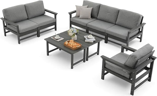 HDPE Outdoor Patio Furniture Set, 8-Piece Sofa Set with 3-Seat Couch,loveseat, Armchair & 2 Coffee Tables, Weatherproof Conversation Set with Cushions,for Garden, Porch & Backyard