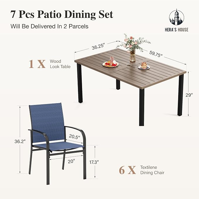 HERA'S HOUSE 7pc Patio Dining Set, Outdoor Wood-Like Metal Table & 6 Chairs | Blue textilene chairs + 60" rectangle table with umbrella hole. Waterproof, rust-resistant, all-weather for deck, garden