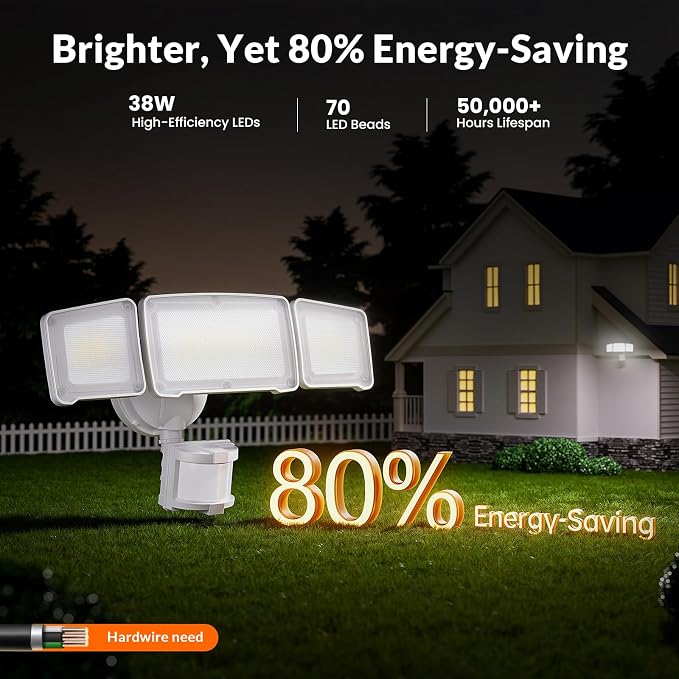 LEPOWER LED Security Light Motion Sensor Outdoor Lights, Bright 38W 4200LM | 72 FT Range, IP65, Easy to Install, 180° Motion Sensor, 5500K, 3 Head Detected Waterproof Flood Light for Garage, Yard, Porch