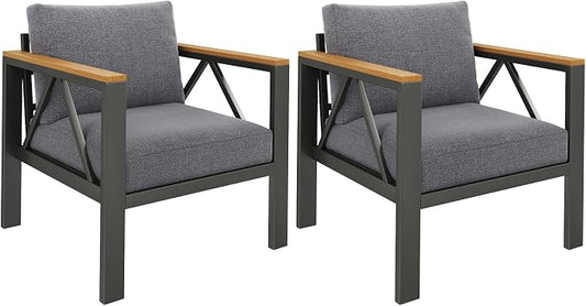 INGEROOM Aluminum Outdoor Patio 2 PCS Armchair Set, Washable Thick Cushions, All-Weather Modern Metal Furniture for Garden, Backyard, Porch, Dark Gray