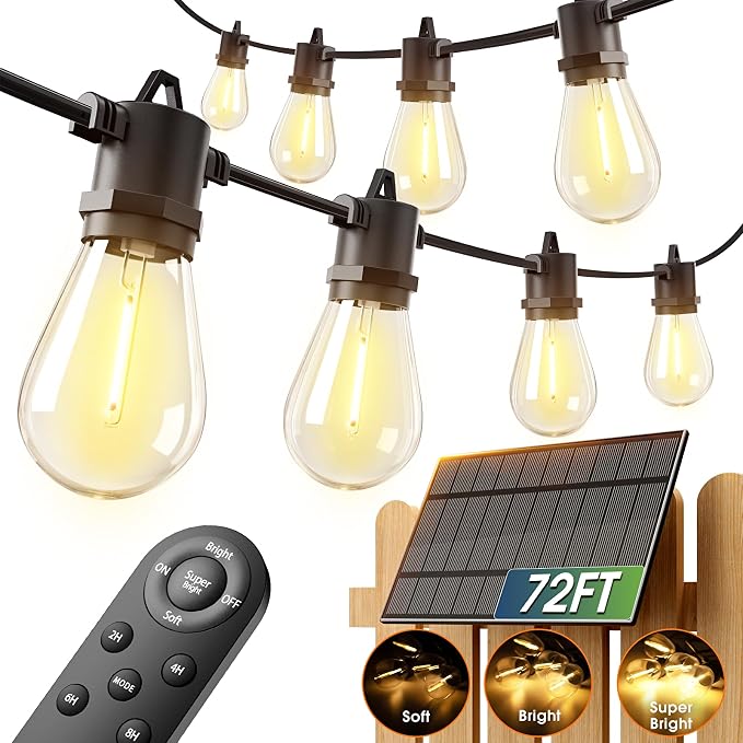 addlon 78FT(72+6) Solar String Lights Outdoor, Last 20+ Hrs, USB Charging | IP65 Waterproof. Dimmable Timer via Remote. Memory, 3 Modes, 2700K Warm White. Easy Install for Patio, Backyard, Porch.