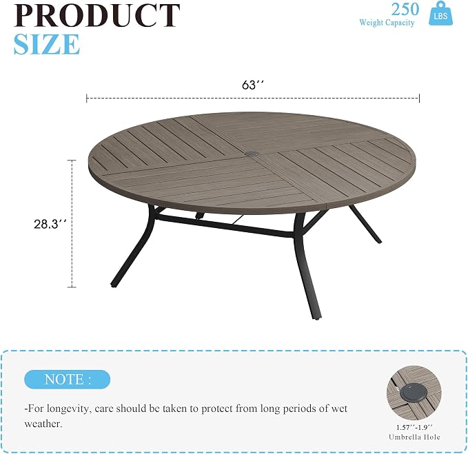 VICLLAX 63" Round Patio Table with Umbrella Hole, All Weather Metal Outdoor Dining Table for 8-10, Outside Table for Lawn Garden, Grey Wood-Grain Finish