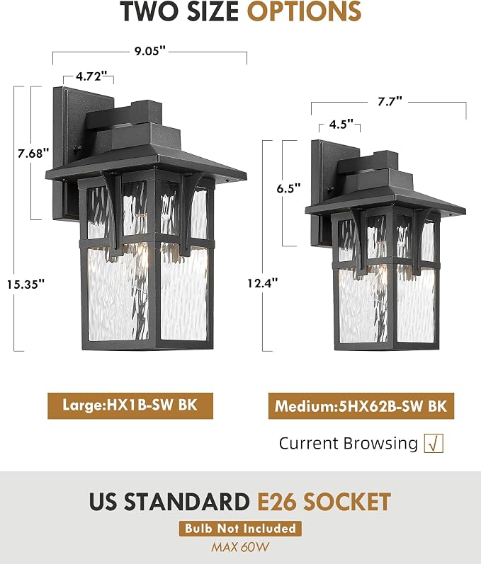 Outdoor Wall Light 2 Pack, HWH Exterior Wall Sconce Light Fixtures with Water Ripple Glass, Outside Lights for Porch, Patio, Balcony, Matte Black Finish, 5HX62B-2PK-SW BK