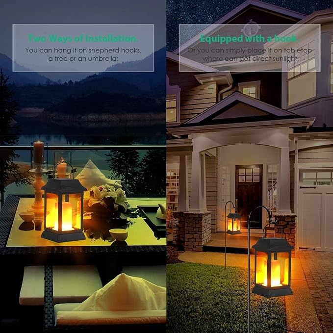 TomCare Flickering Flame Solar Lights Outdoor Metal Hanging Lantern, 4 Pack | Realistic Flame Effect, Charges in 6-8 Hours, 10-12-Hour Runtime, IP65 Waterproof, Auto On/Off for Patio, Garden and Porch