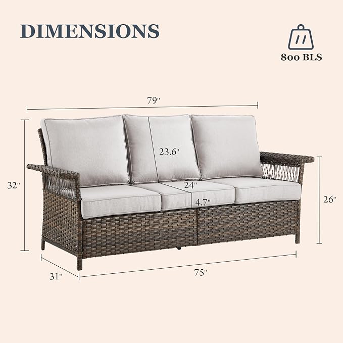 Patio Furniture Set Wicker Sofa with 2 PE Rattan Patio Ottomans Set Brown Wicker Beige Cushions Patio Conversation Set 3pcs for Patio Garden Balcony Sunroom Backyard Deck Poolside