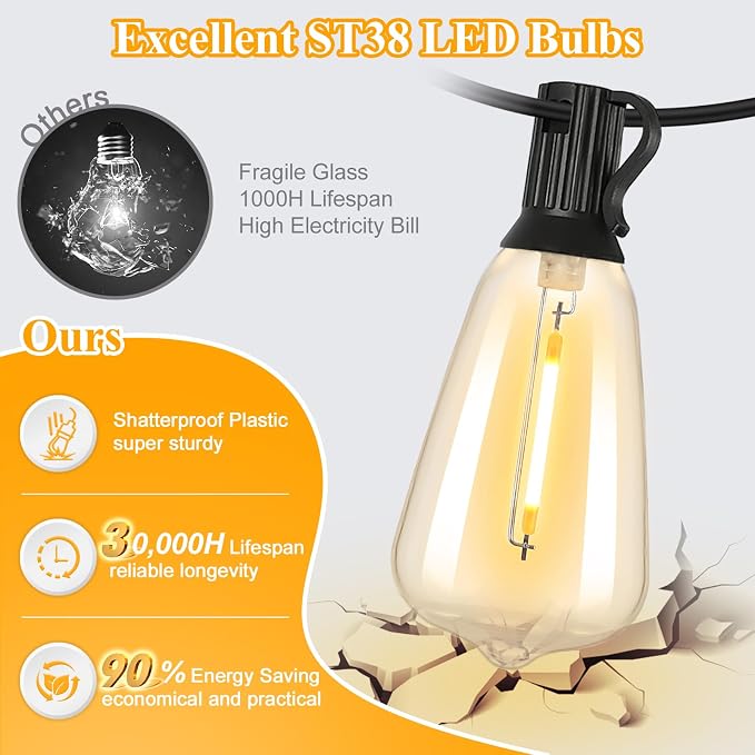 Brightever LED Outdoor String Lights 100FT Patio Lights with 52 Shatterproof 2200K ST38 Vintage Edison Bulbs, Amber Outside Hanging Light Waterproof for Porch, Deck, Garden, Dimmable Amber Lights