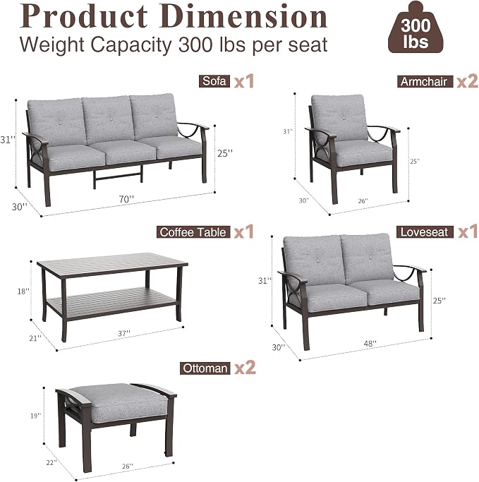 RoyalCraft Outdoor Patio Furniture Set, 7 Piece Patio Conversation Set with Coffee Table and Ottomans, Metal Furniture Set for Porch Backyard Garden, Grey