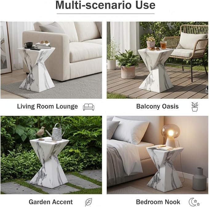 Merax 18.5" H Modern Outdoor Concrete Side Table, Patio End Table with Sculptural Fluted Design, Weather-Resistant Geometric Minimalism Accent Table for Garden, Balcony & Poolside, Marble