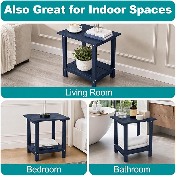 Outdoor Side Table with Storage Shelf, 2-Tier Patio Side Table, HDPE All Weather Outdoor End Tables for Adirondack Chair, Small Patio End Table for Backyard Porch Lawn Poolside, Dark Blue
