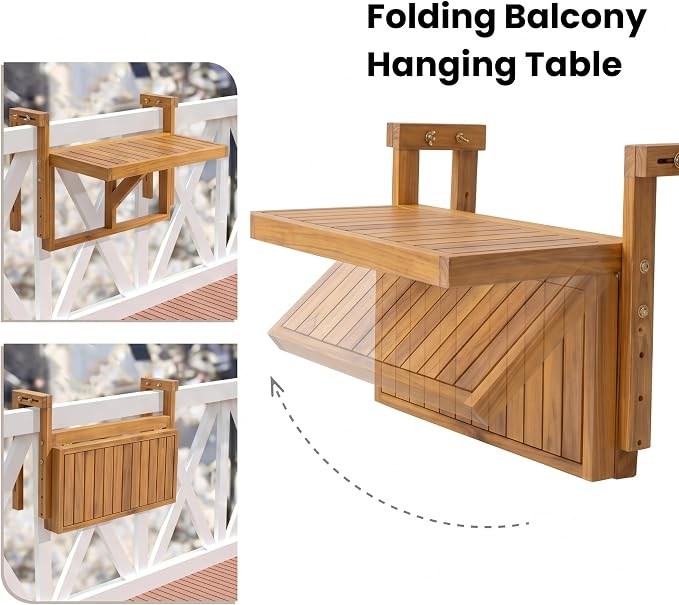 Acacia Wood Balcony Hanging Table – Stable Fixed Outdoor Railing Table – Weather-Resistant White Finish – Adjustable Mounting for Small Balcony, Patio, and Porch (Natural Wood - 2pcs)