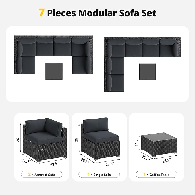 Aoxun Patio Furniture Set with Umbrella, 8 Piece Outdoor Sectional Sofas, Wicker Rattan Outdoor Furniture with Thickened Cushion for Backyard, Garden Dark Grey