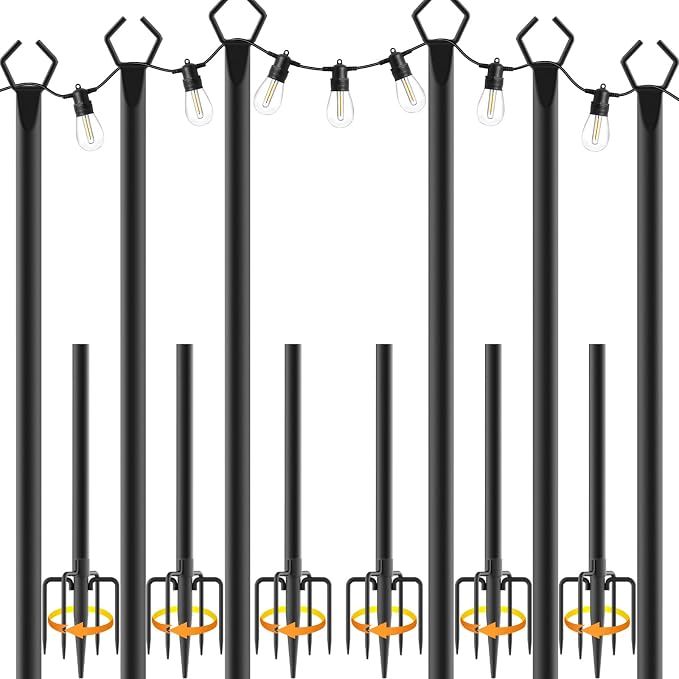 6 Pack 10 ft Heavy Duty Metal String Light Poles Adjustable Outdoor Lighting Stand for Patio,Backyard,Garden,Party & Wedding Rustproof & Sturdy with Hooks