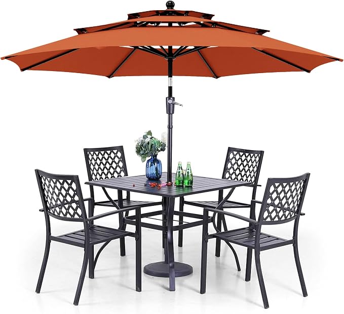 PHI VILLA 5 Piece Outdoor Dining Set with 10ft 3-Layer Round Umbrella(Orange Red)