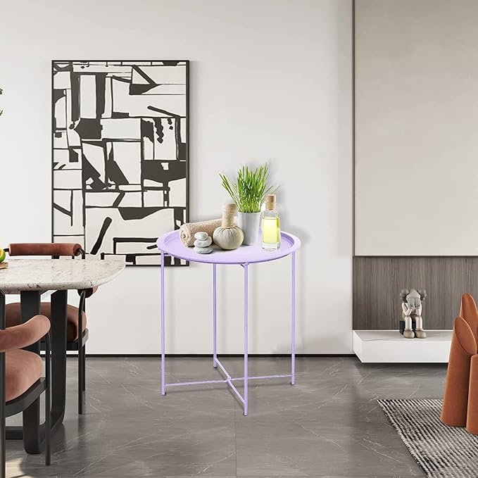 Garden 4 you End Table 2 PCS Metal Side Table Purple Round Folding Tray Cyan Sofa Small Accent Fold-able Table, Round End Table Tray, Next to Sofa Table, Snack Table for Living Room and Bed Room