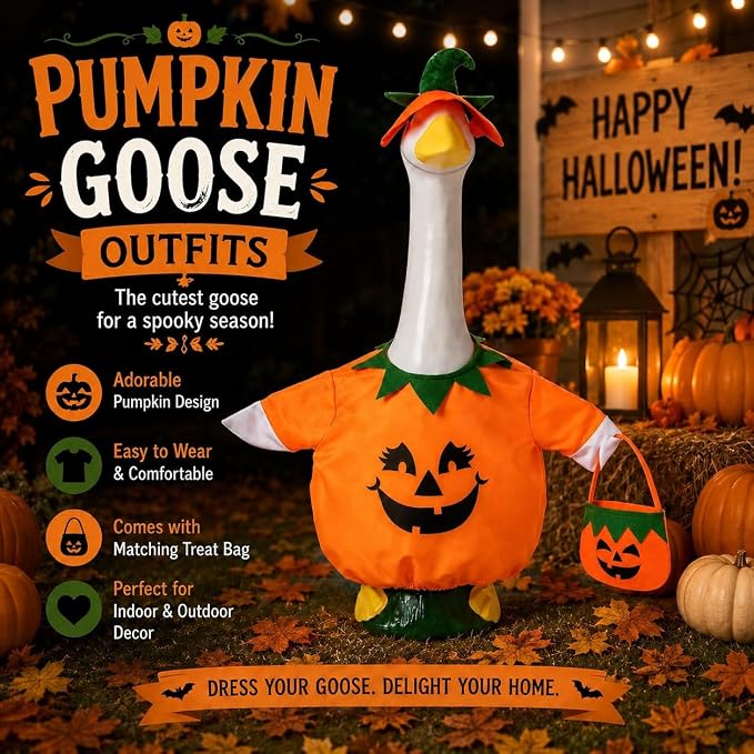 Halloween Porch Goose Outfits for 23'' Lawn Geese Statue, Pumpkin Porch Goose Outfit Costume with Witch Hat Candy Treat Bag, Outdoor Garden Goose Decor for Patio Yard Lawn Art Halloween Ornament