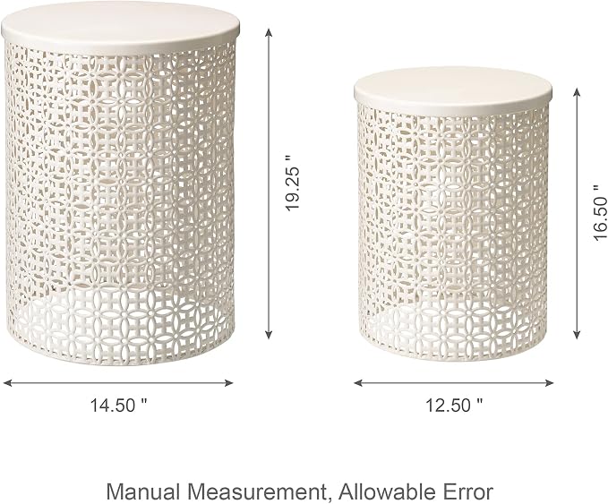 Glitzhome Outdoor Side Table Set of 2, Decorative Garden Stool for Patio, Heavy Duty Metal Frame Accent Table Modern End Table, Cream White | Decorative Garden Stool