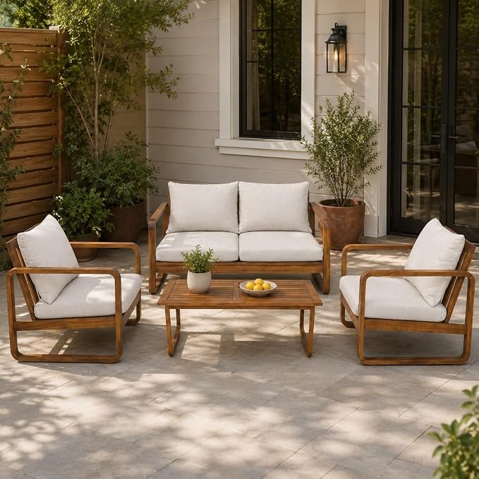 Christopher Knight Home Myra Acacia Wood 4 Piece Outdoor Patio Furniture Set, Wooden Patio Conversation Set with Loveseat Club Chairs & Coffee Table, 4-Seater Patio Sofa Chair and Table Set,Teak+Beige