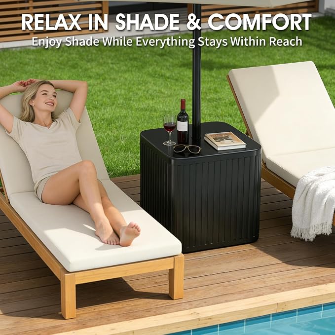 BoYata Outdoor Umbrella Side Table, 2-in-1 Outdoor Side Table with Umbrella Hole, 15.9 Gallon Fillable Umbrella Stand Base, Fit Up to 1.5" Pole, Square Patio Side Table for Poolside, Deck, Matte Black
