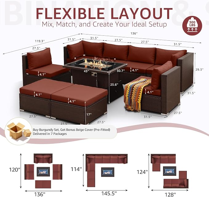 NICESOUL 9 Pcs Large Outdoor Patio Furniture Set with Firepit Natural Gas & Propane, 29.3 High Back Comfy Conversations Sofa Sets Modular, Wide Sectional for Heavy Weight, Brown Rattan and Red Cushion