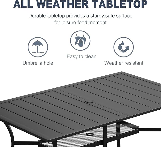 VICLLAX 7 Pieces Patio Outdoor Dining Set, 59" Metal Dining Table with Umbrella Hole and 6 Stackable Textilene Chairs for Patio, Lawn, Garden, Porch, Black Table/Grey Chairs