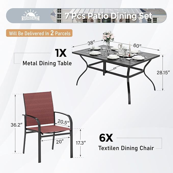 SUNSHINE VALLEY 7 Piece Patio Dining Set for 6, Rectangular Metal Dining Table with Umbrella Hole and 6 Chairs, Outdoor Table and Chairs Set for Lawn Backyard and Deck, Red
