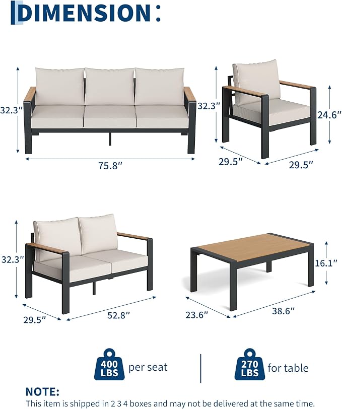 Garvee Aluminum Patio Furniture Set 4 Seats, Generous Outdoor Sectional with Washable Thick Cushions and Coffee Table, Patio Conversation Sets for Porch, Balcony, Deck, Yard