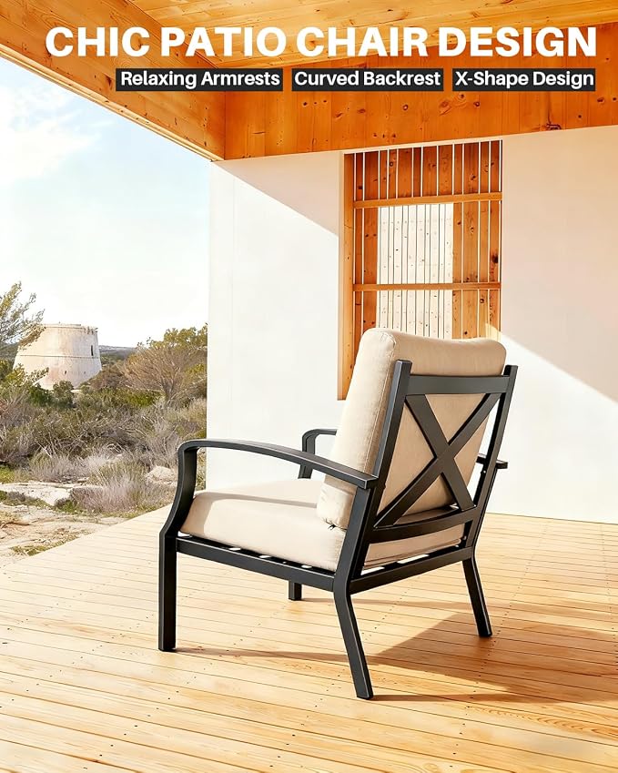 Outdoor Sofa Chair Set of 2, Never-Rust Aluminum Patio Club Chairs, Deep-Seating Patio Sofa Armchair with Thick Cushion, Outdoor Single Chairs for Garden, Deck, Indoor, Poolside, Dark Bronze