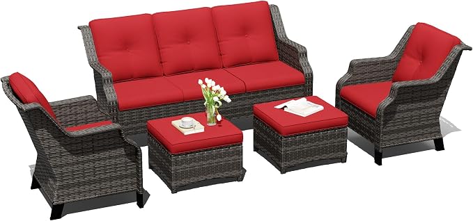 Outdoor Patio Furniture Set, 5 Piece Wicker Patio Furniture with Thick Cushions, Curved Armrest, Deep Seating, Rattan Outdoor Chairs for Porch, Deck, Balcony