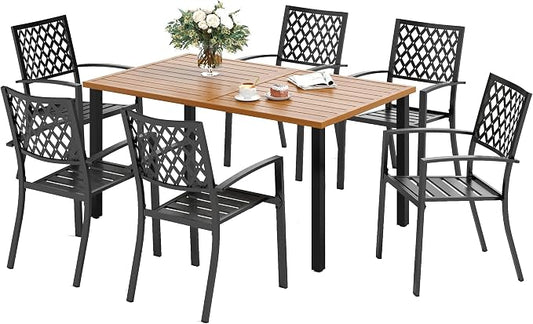 SUNSHINE VALLEY Patio Dining Set,Wood-Like Metal Table w/Umbrella Hole | 60x36 Metal Table&6 Pcs Rust-Proof Stackable Chairs, Outdoor Table and Chairs Set for Backyard Garden Deck